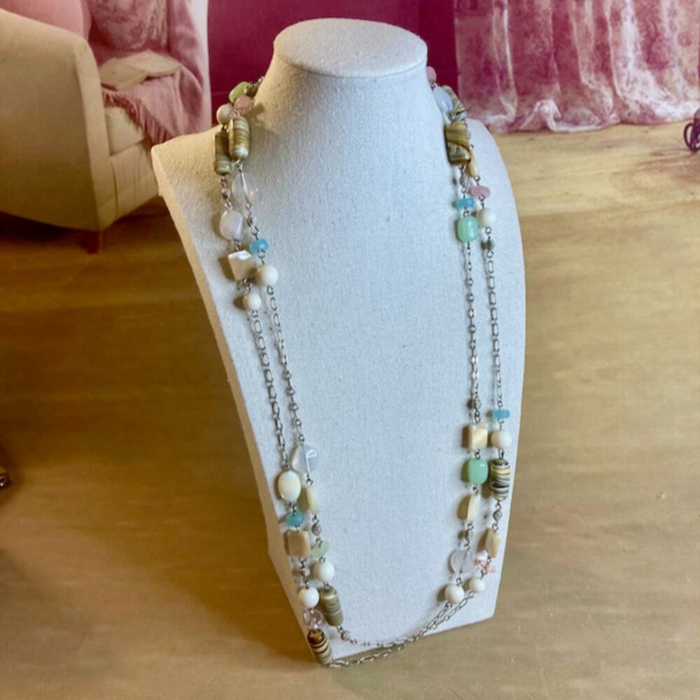 Lia Sophia Mixed Media Long Station Necklace Pastel Shell Ceramic Bead Y2K